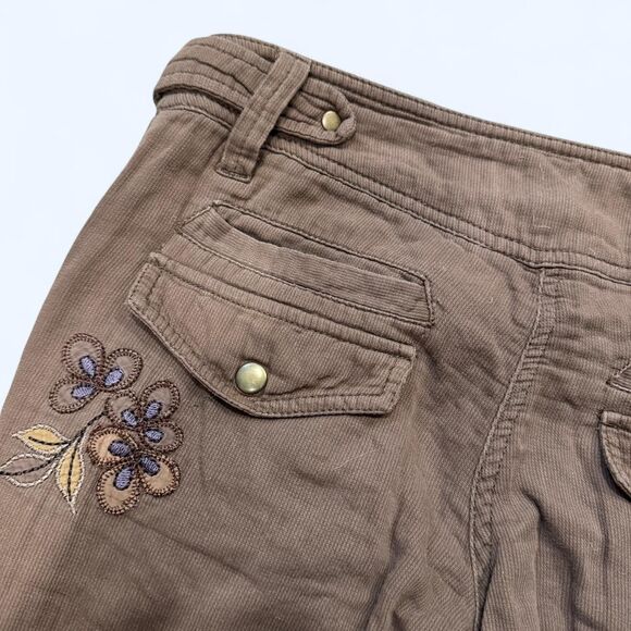 Y2K Grunge MNG Mango Brown Cargo Capri Pants Floral Embroidery Buckle Hem Size 2 - Picture 6 of 8